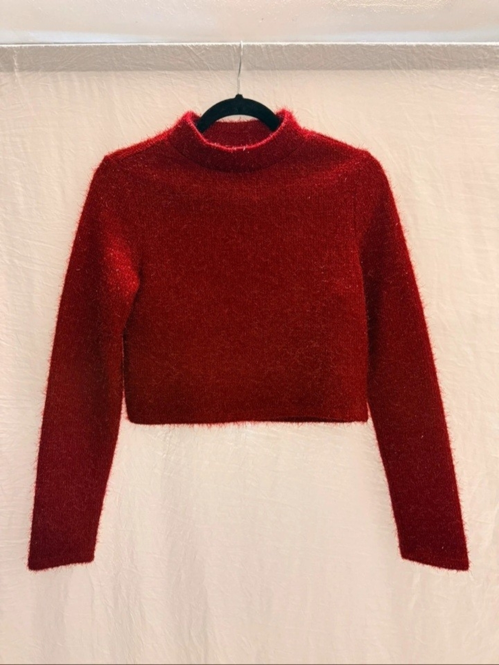 H&M Red Fuzzy Cropped Mock Neck Sweater